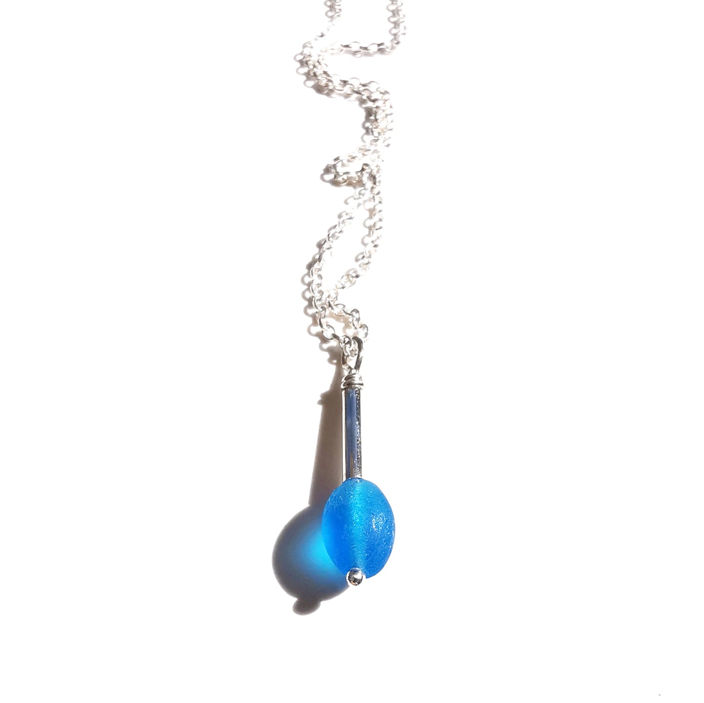 Scottish electric blue sea glass bead & sterling silver pendant.
