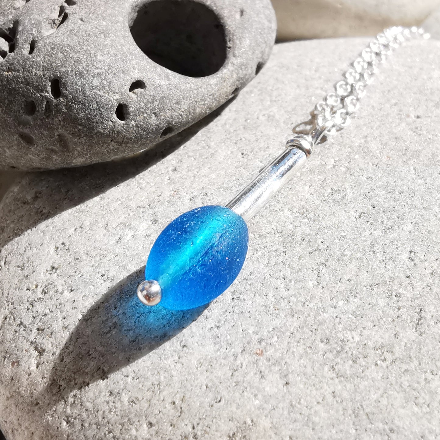 Scottish electric blue sea glass bead & sterling silver pendant.