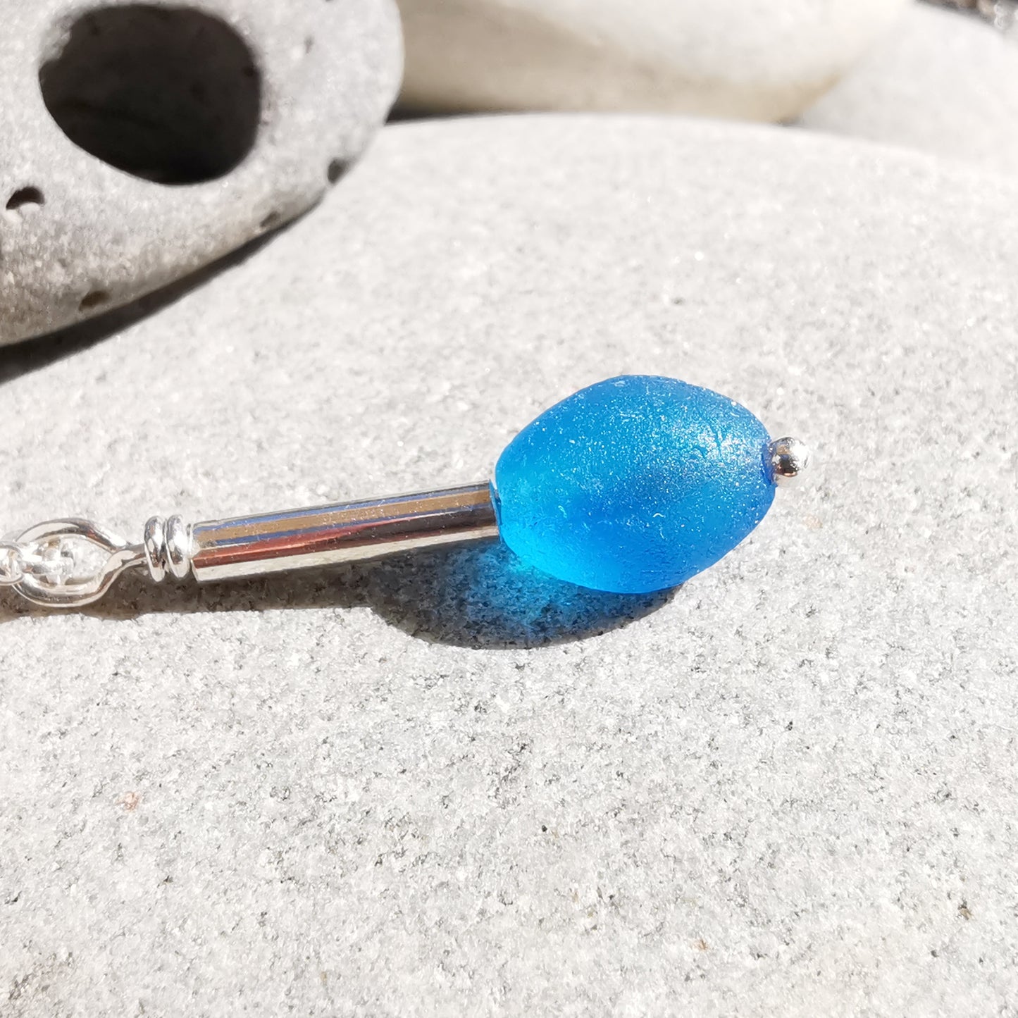 Scottish electric blue sea glass bead & sterling silver pendant.