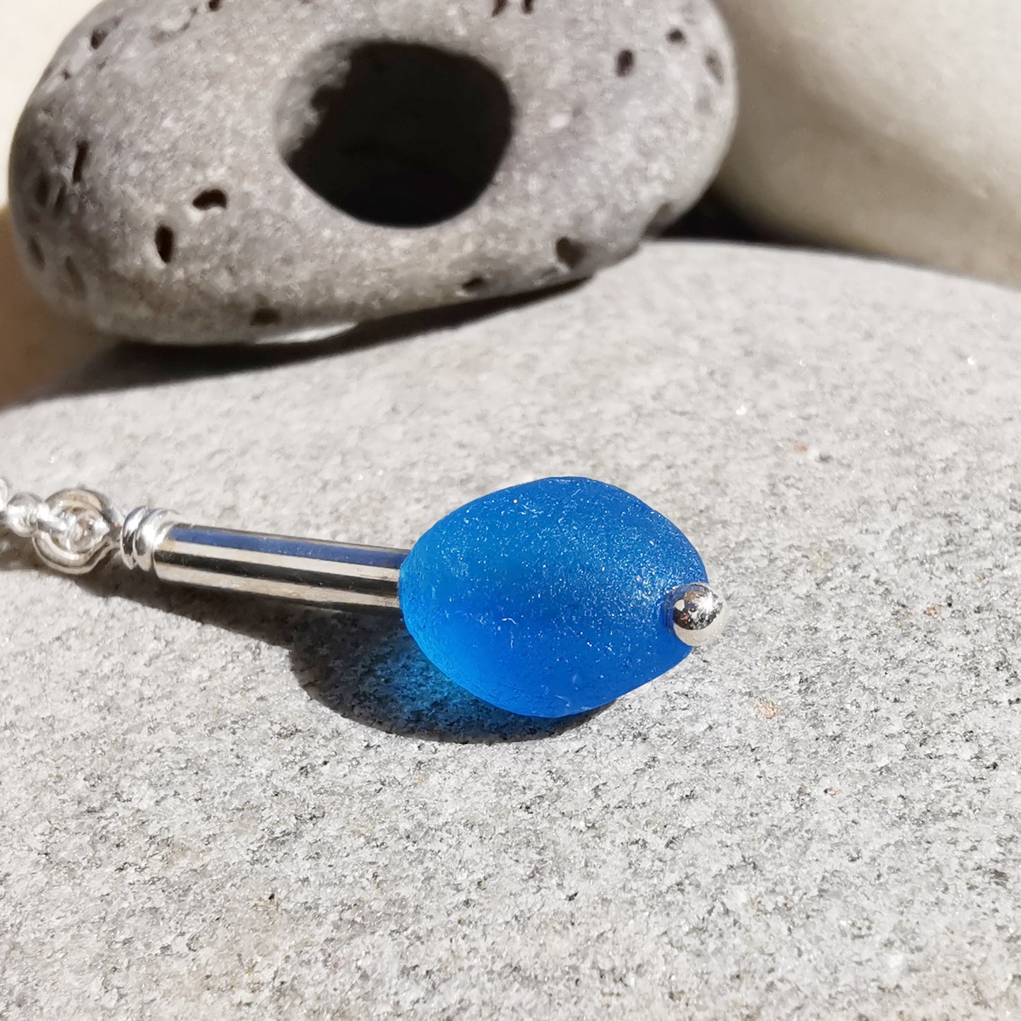 Scottish electric blue sea glass bead & sterling silver pendant.
