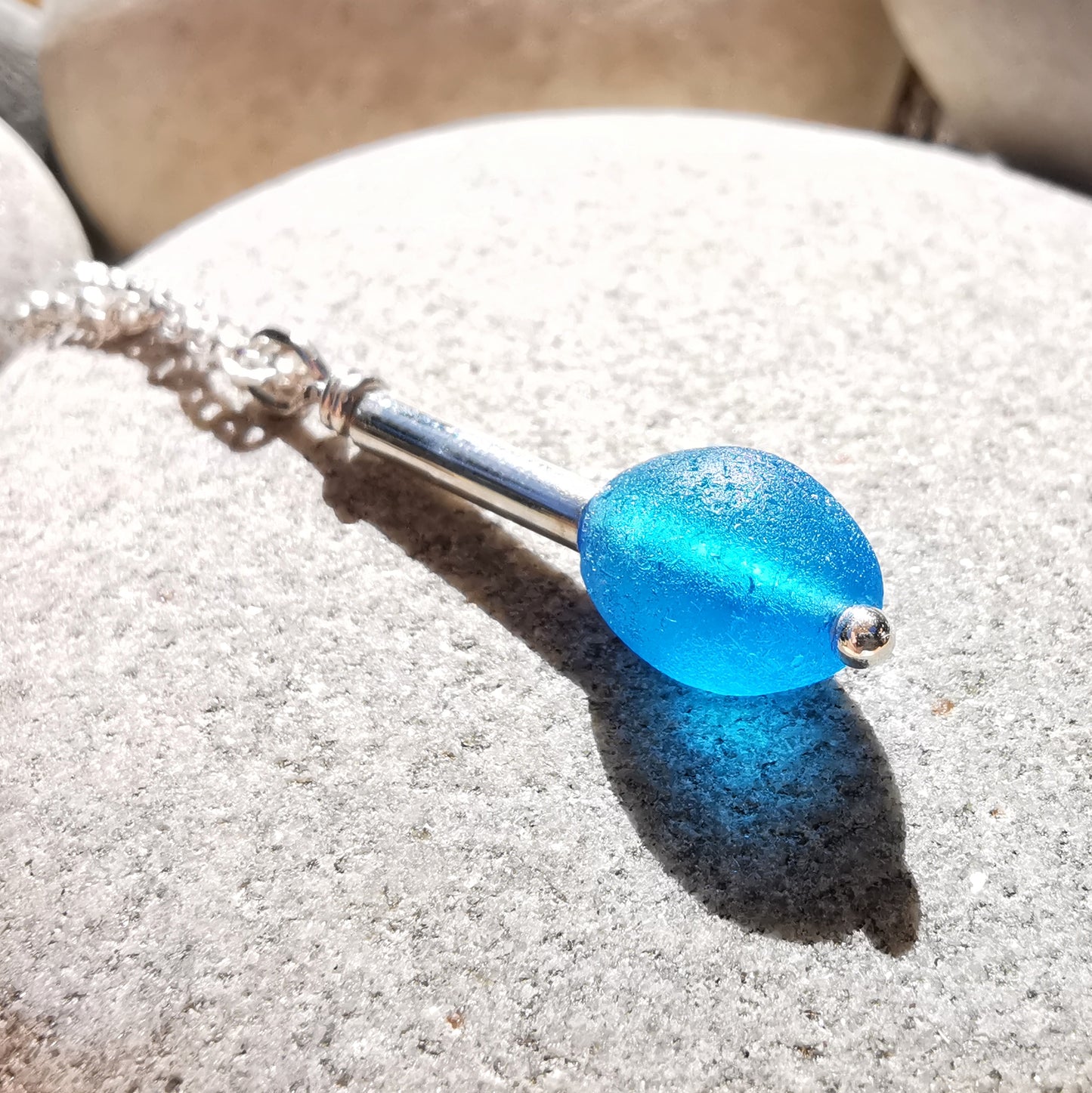 Scottish electric blue sea glass bead & sterling silver pendant.