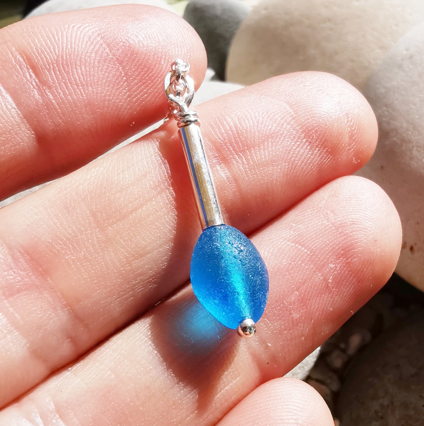 Scottish electric blue sea glass bead & sterling silver pendant.