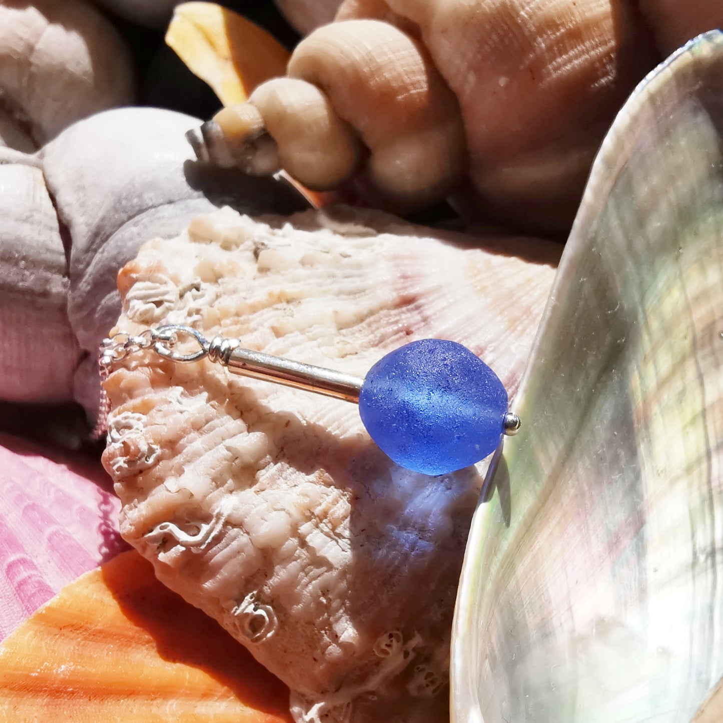Scottish blue sea glass bead & sterling silver pendant.