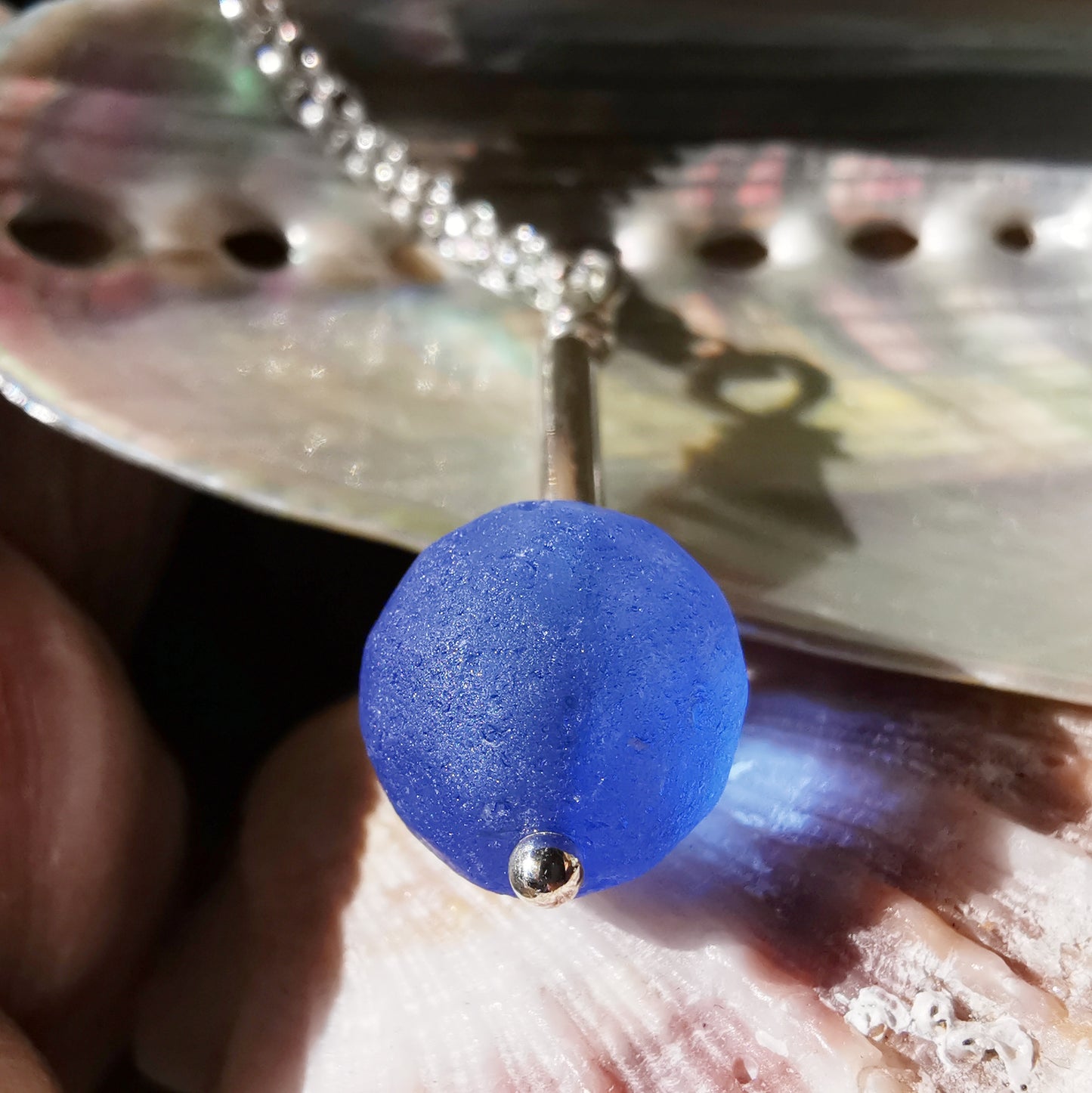 Scottish blue sea glass bead & sterling silver pendant.