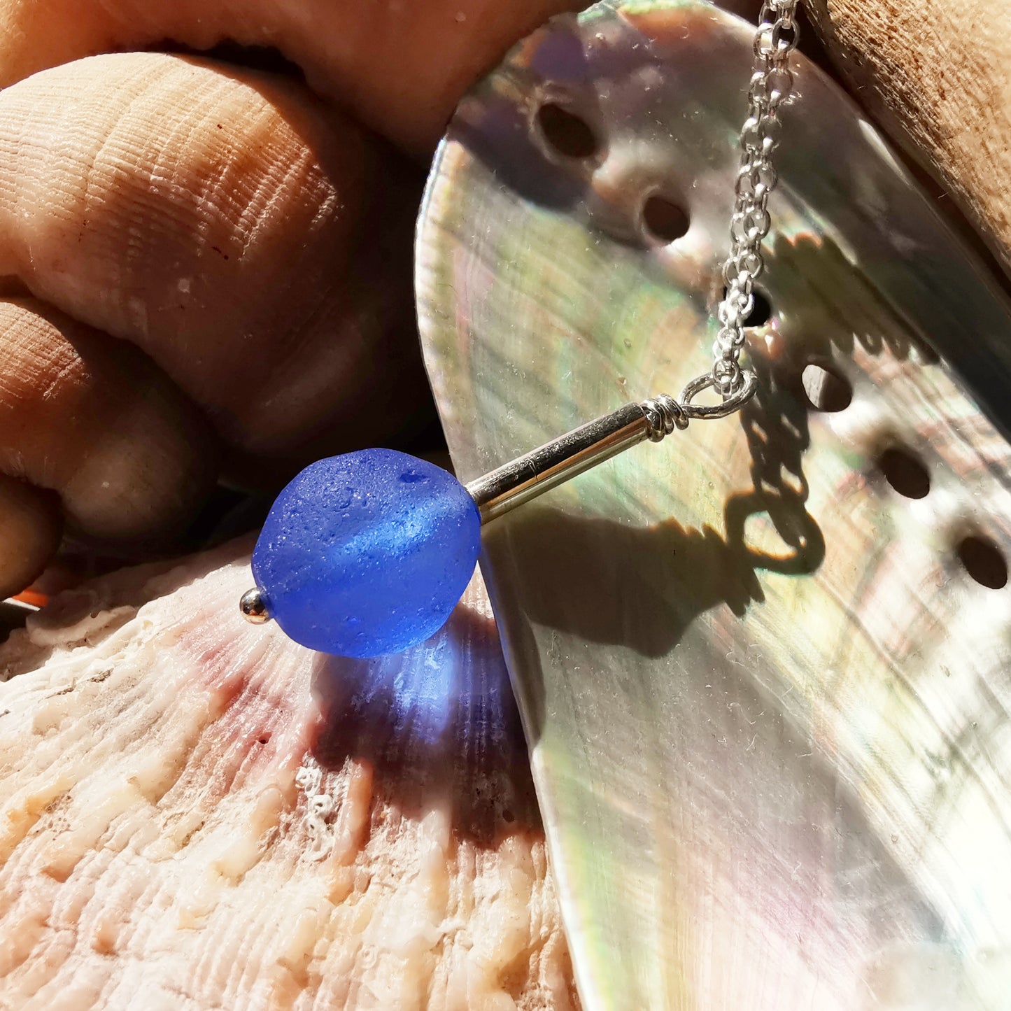 Scottish blue sea glass bead & sterling silver pendant.