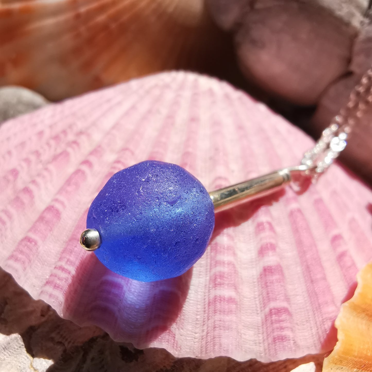 Scottish blue sea glass bead & sterling silver pendant.