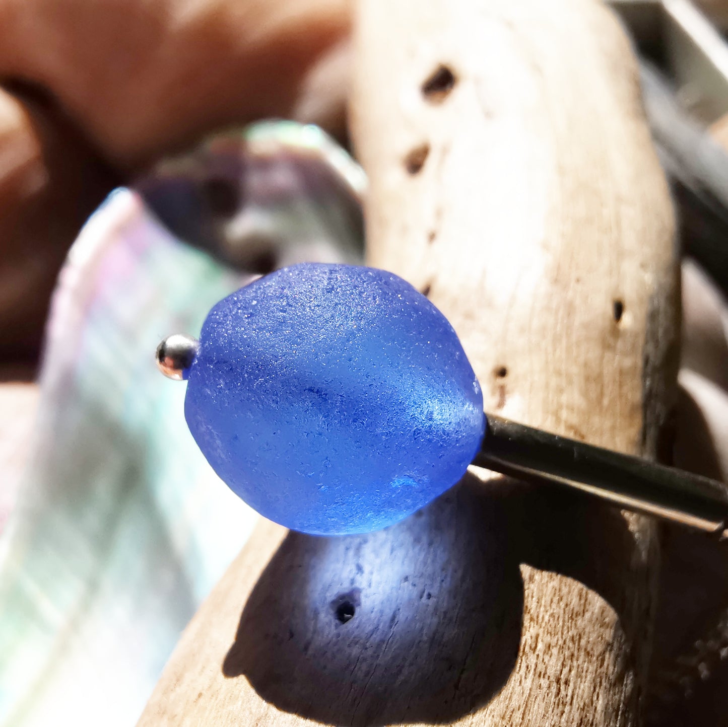 Scottish blue sea glass bead & sterling silver pendant.