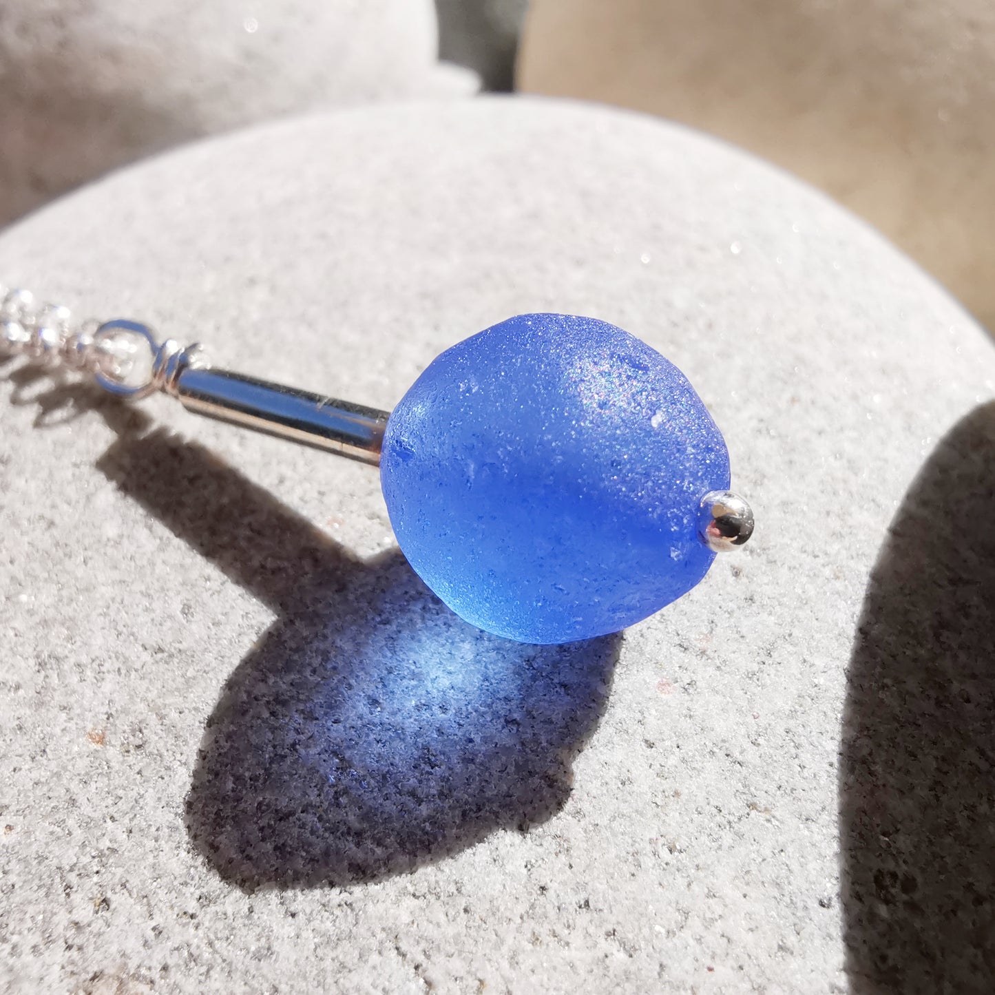 Scottish blue sea glass bead & sterling silver pendant.