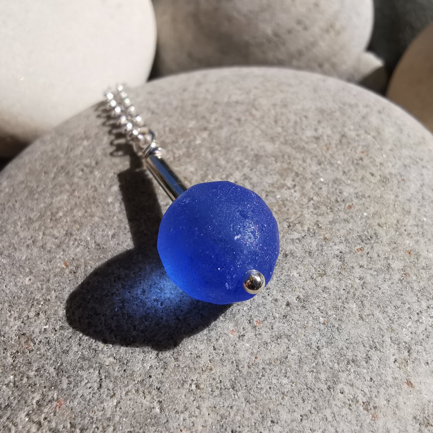 Scottish blue sea glass bead & sterling silver pendant.