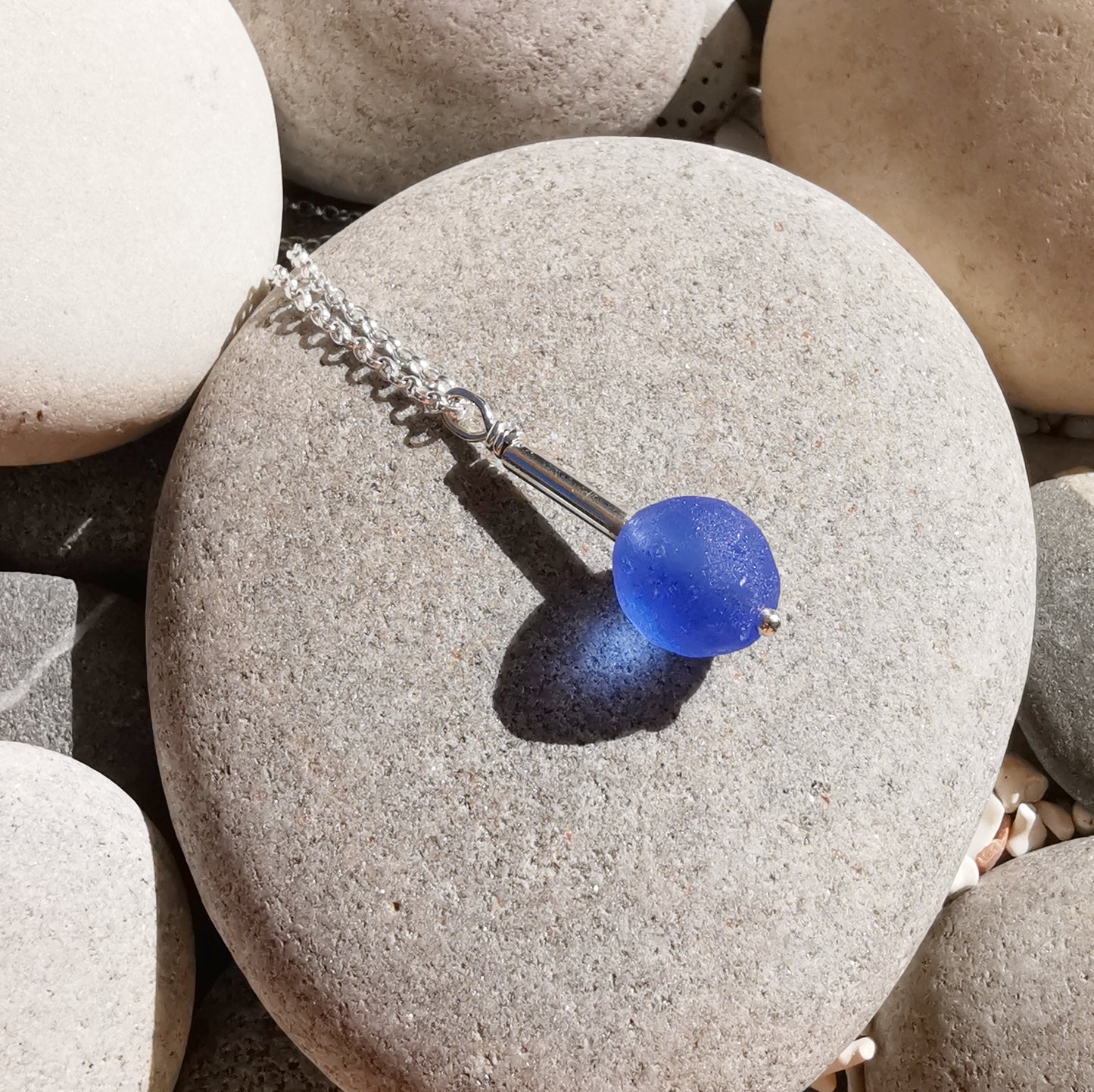 Scottish blue sea glass bead & sterling silver pendant.