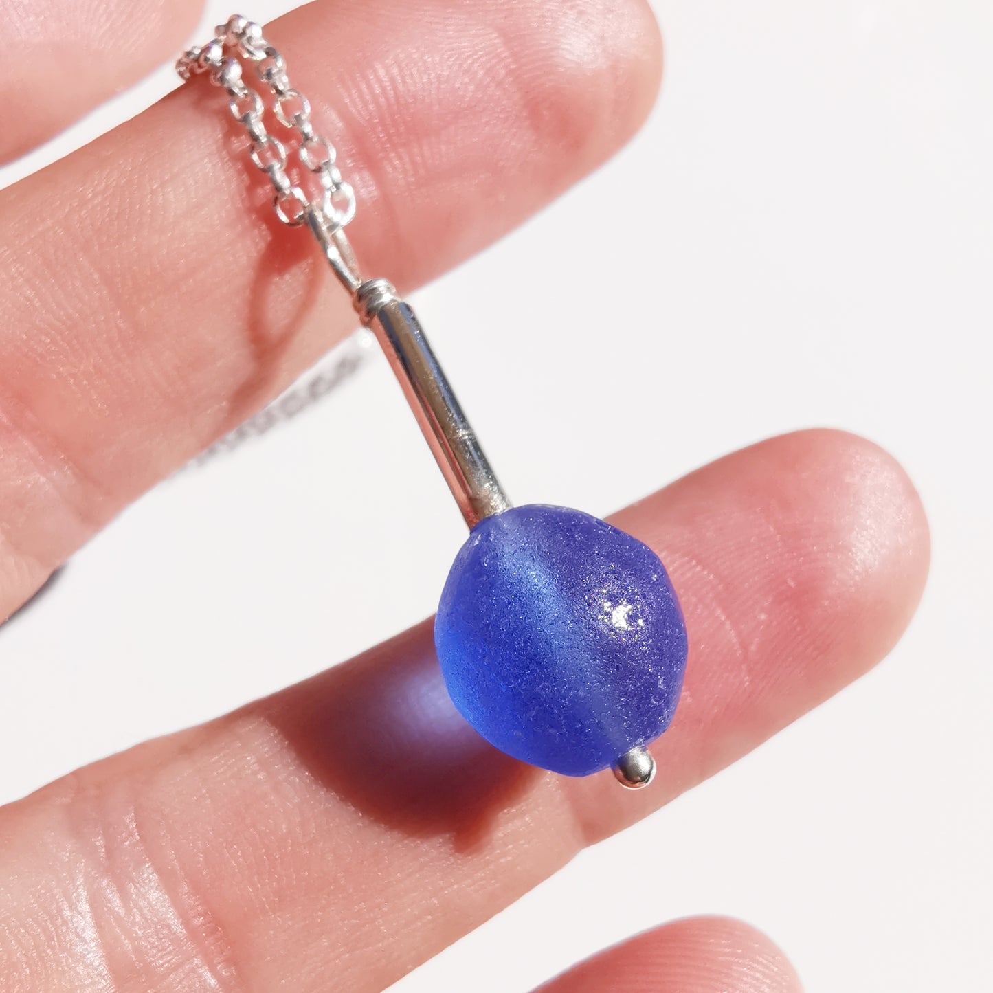 Scottish blue sea glass bead & sterling silver pendant.