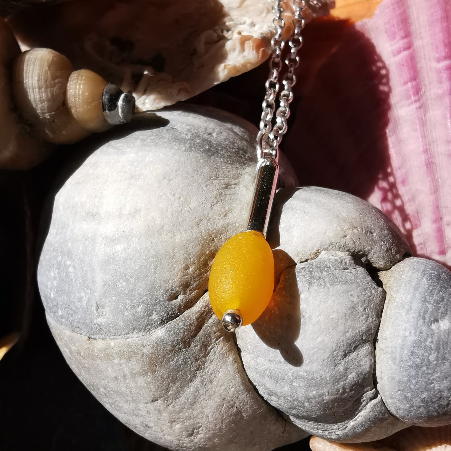 Scottish genuine yellow sea glass bead & sterling silver pendant.