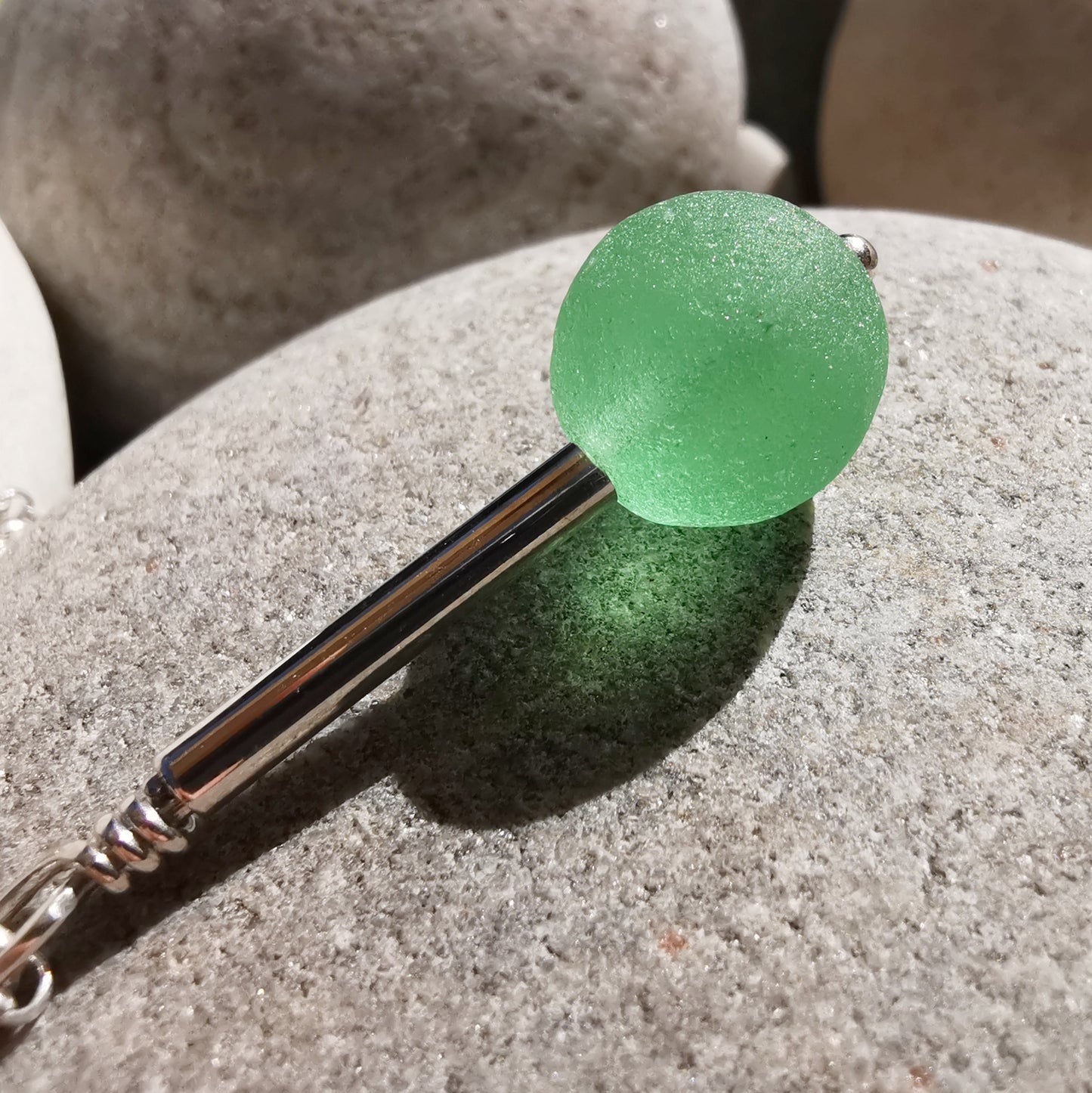 Scottish UV green sea glass bead & sterling silver pendant.