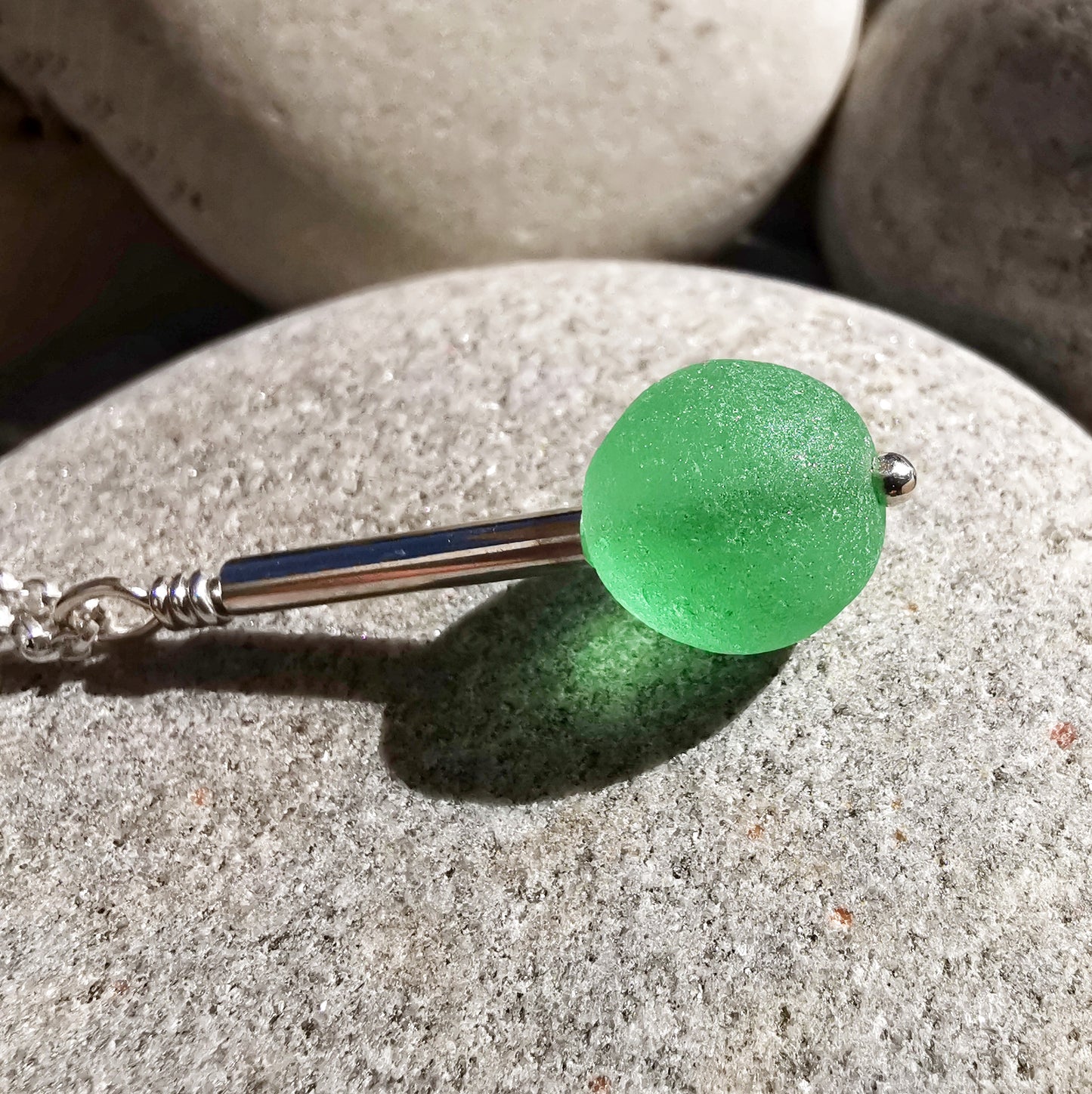 Scottish UV green sea glass bead & sterling silver pendant.