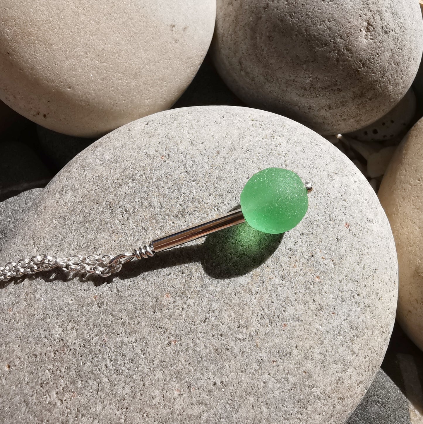 Scottish UV green sea glass bead & sterling silver pendant.