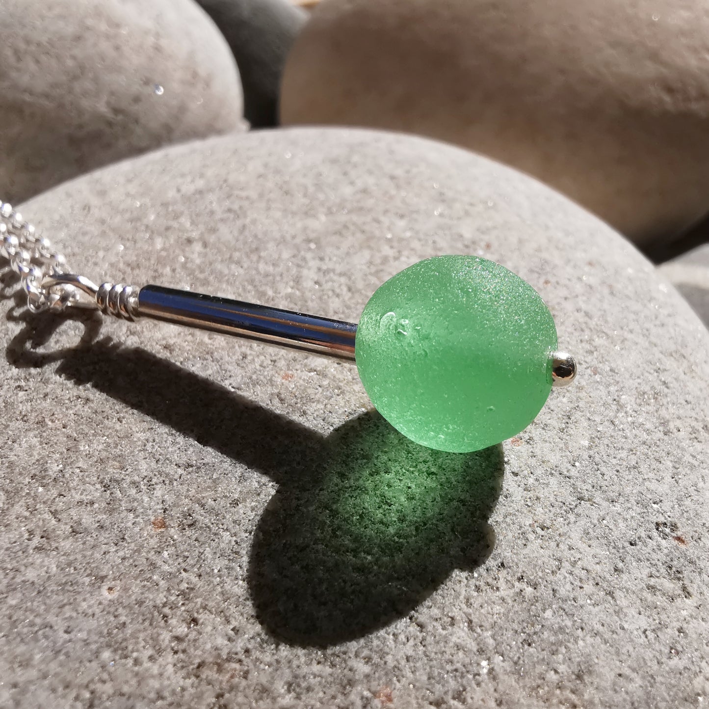 Scottish UV green sea glass bead & sterling silver pendant.