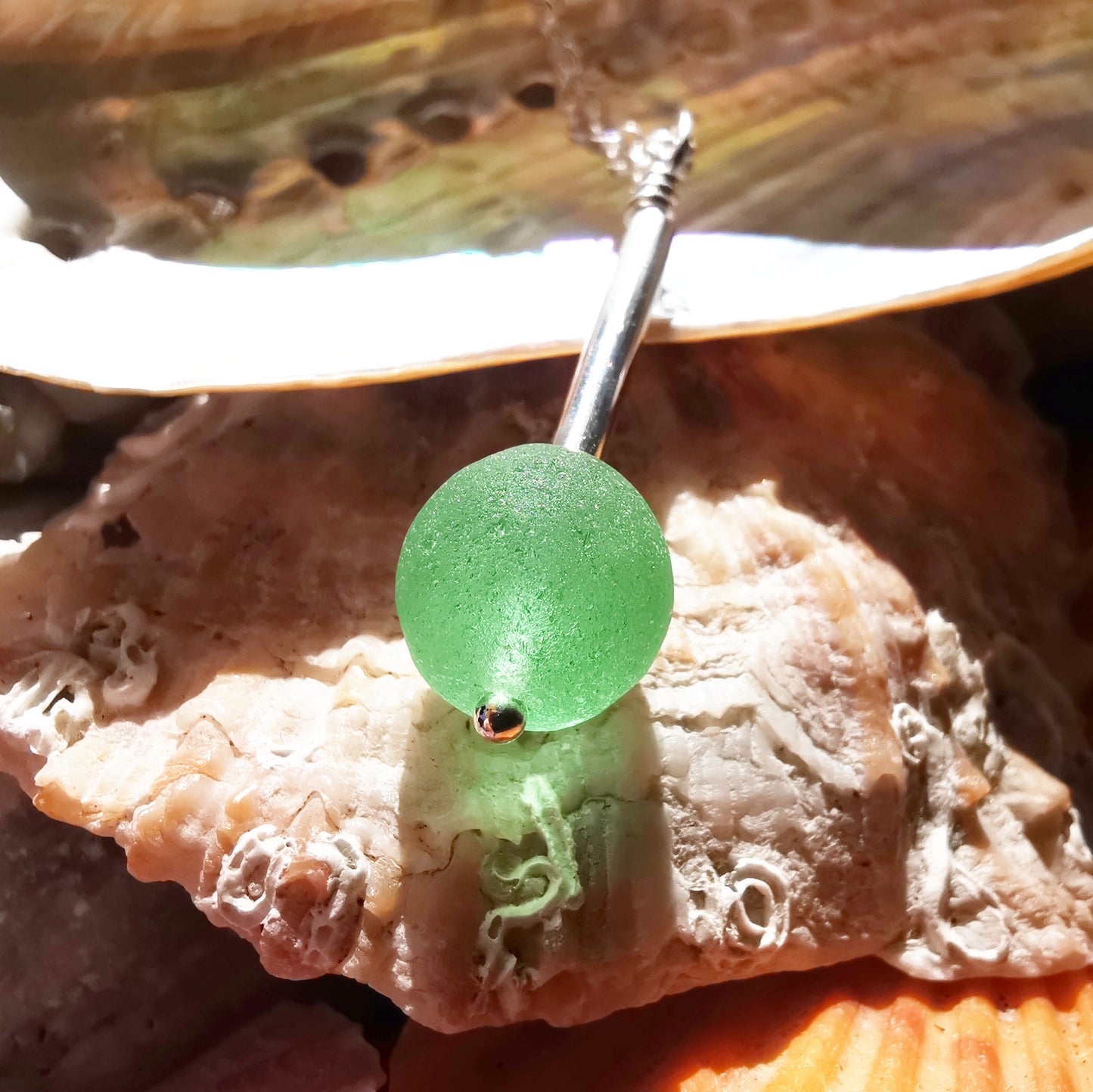 Scottish UV green sea glass bead & sterling silver pendant.