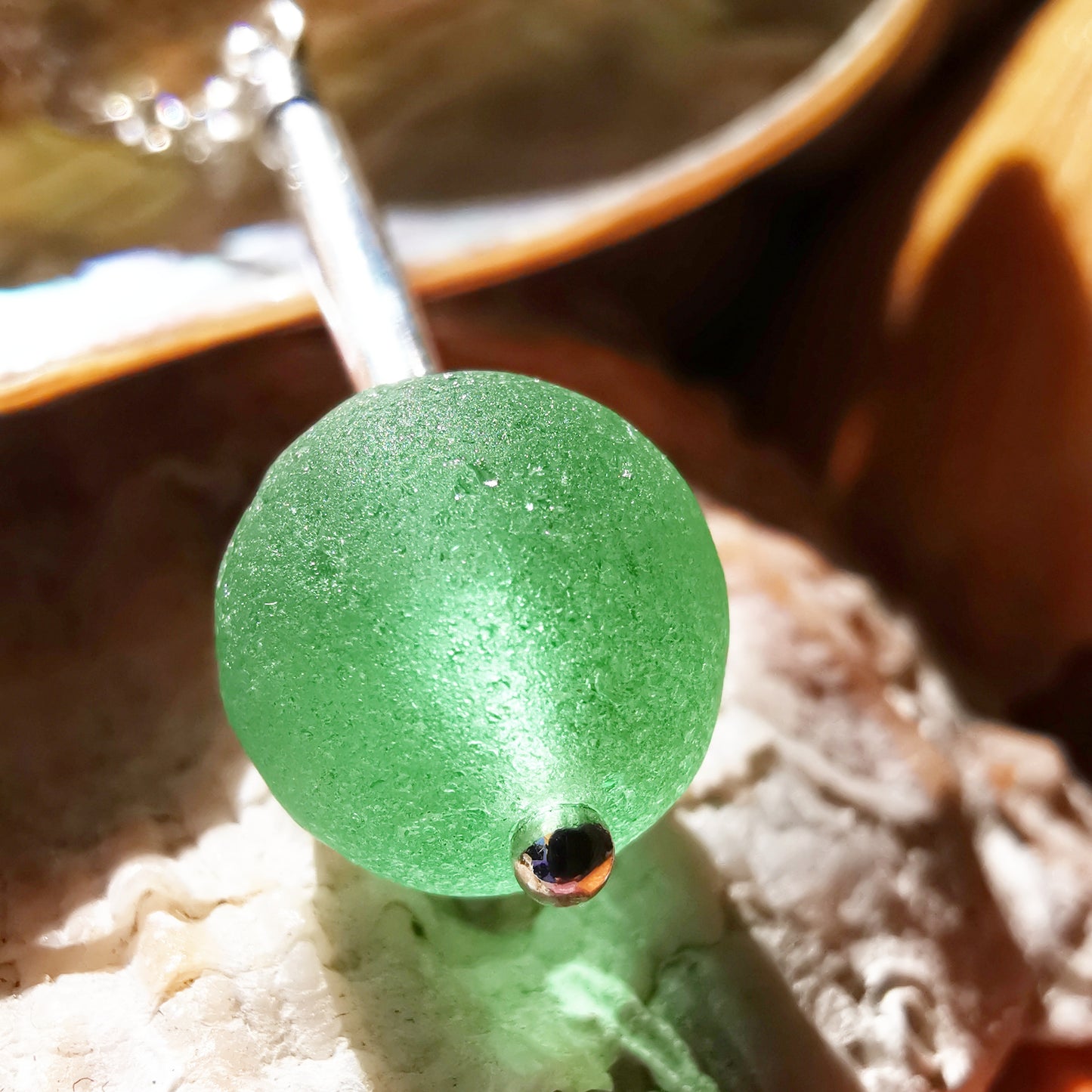 Scottish UV green sea glass bead & sterling silver pendant.