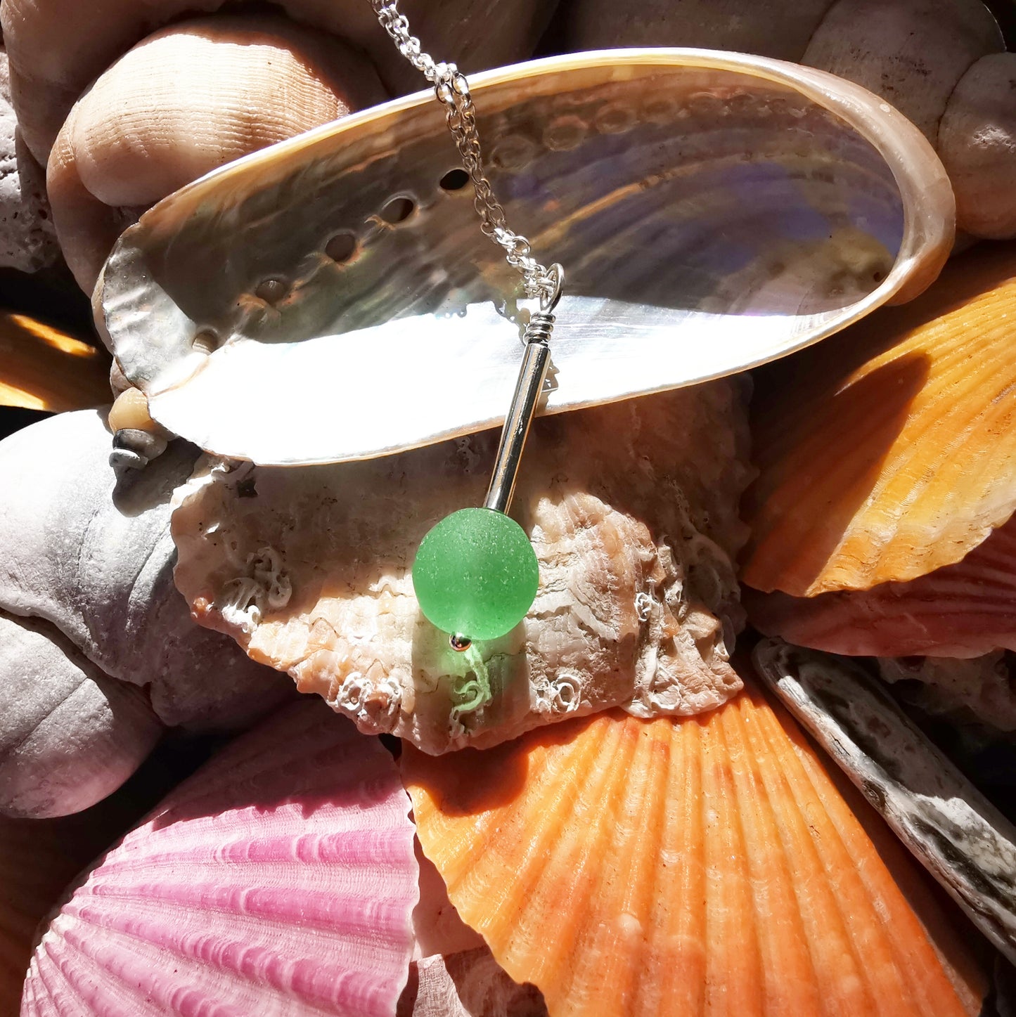 Scottish UV green sea glass bead & sterling silver pendant.