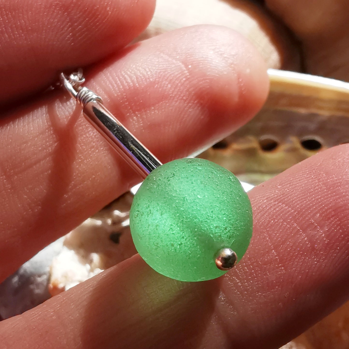 Scottish UV green sea glass bead & sterling silver pendant.