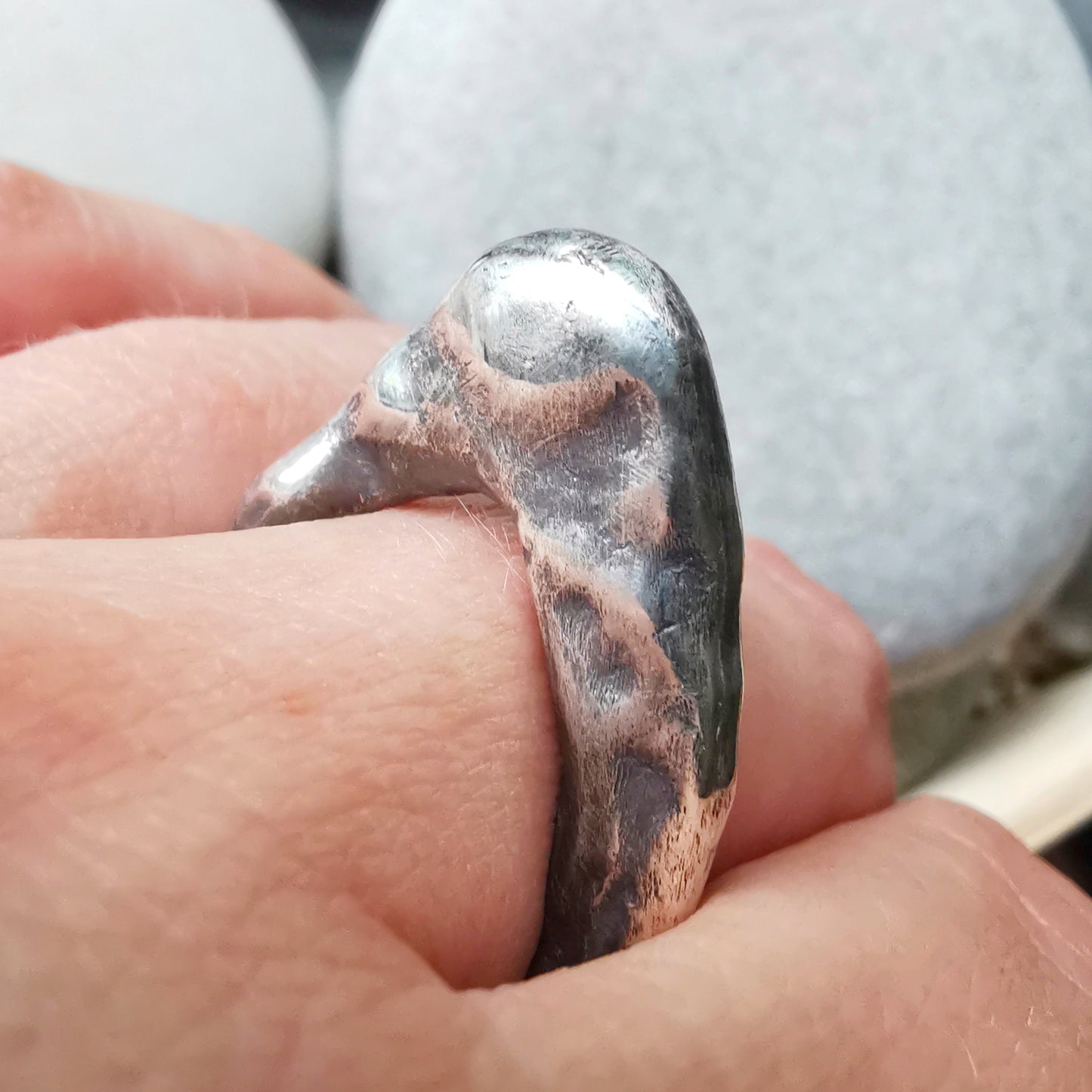 One of a kind molten silver statement ring.