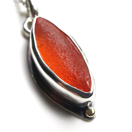 Scottish UV deep orange sea glass, sterling silver and 9ct gold pendant.