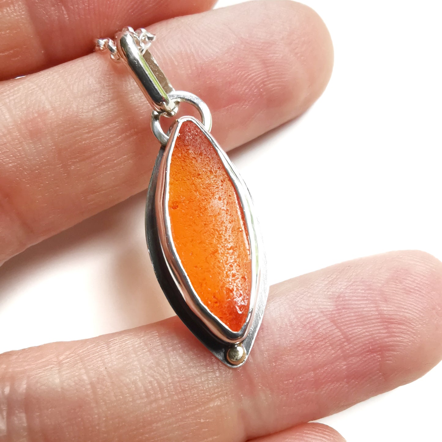 Scottish UV deep orange sea glass, sterling silver and 9ct gold pendant.