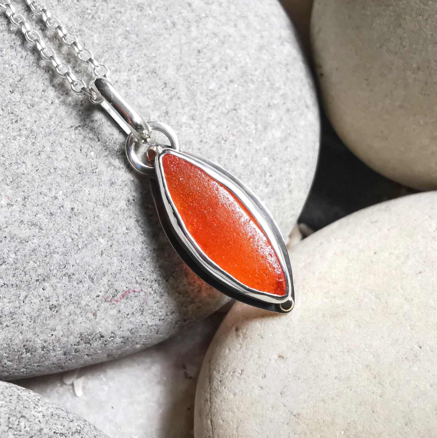 Scottish UV deep orange sea glass, sterling silver and 9ct gold pendant.