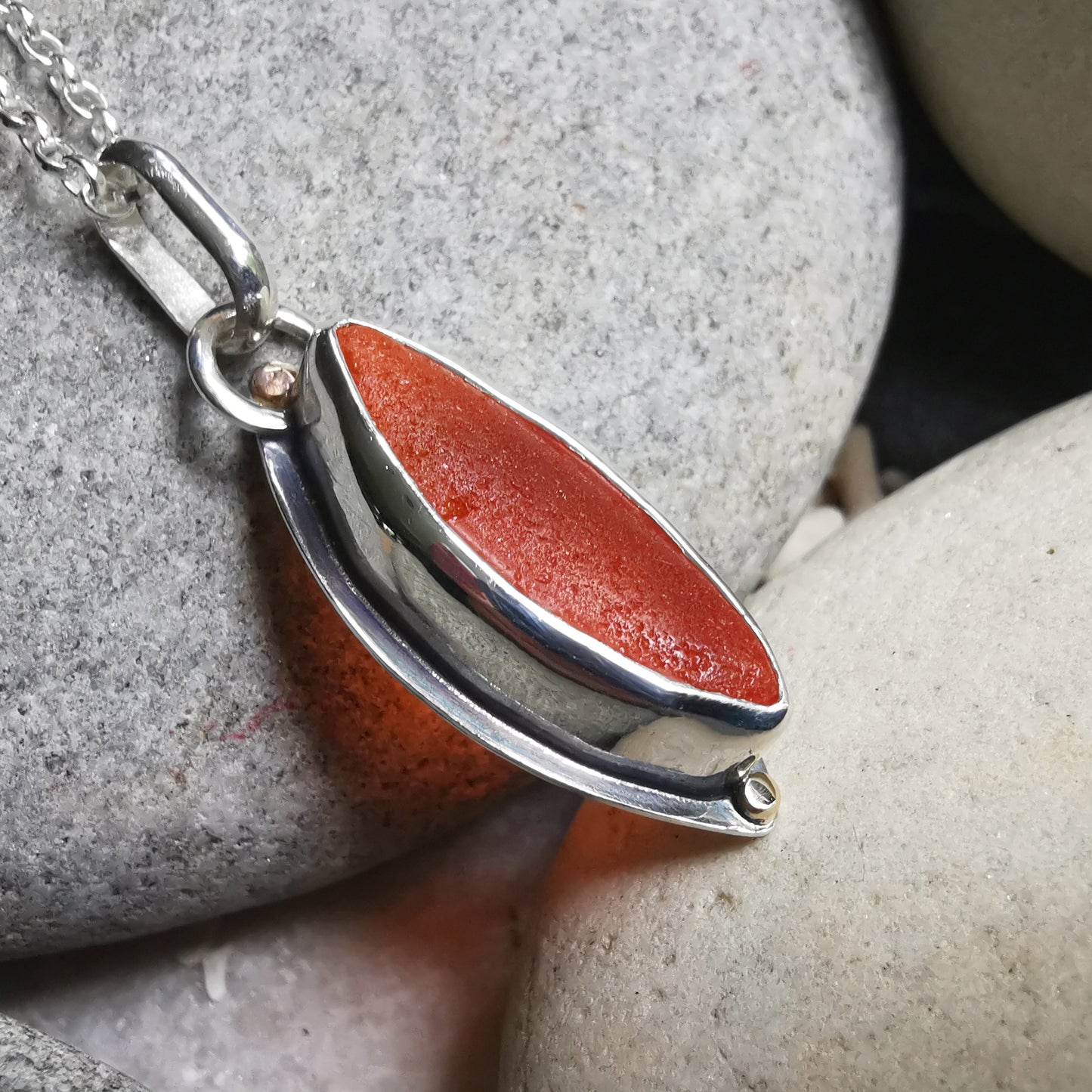 Scottish UV deep orange sea glass, sterling silver and 9ct gold pendant.