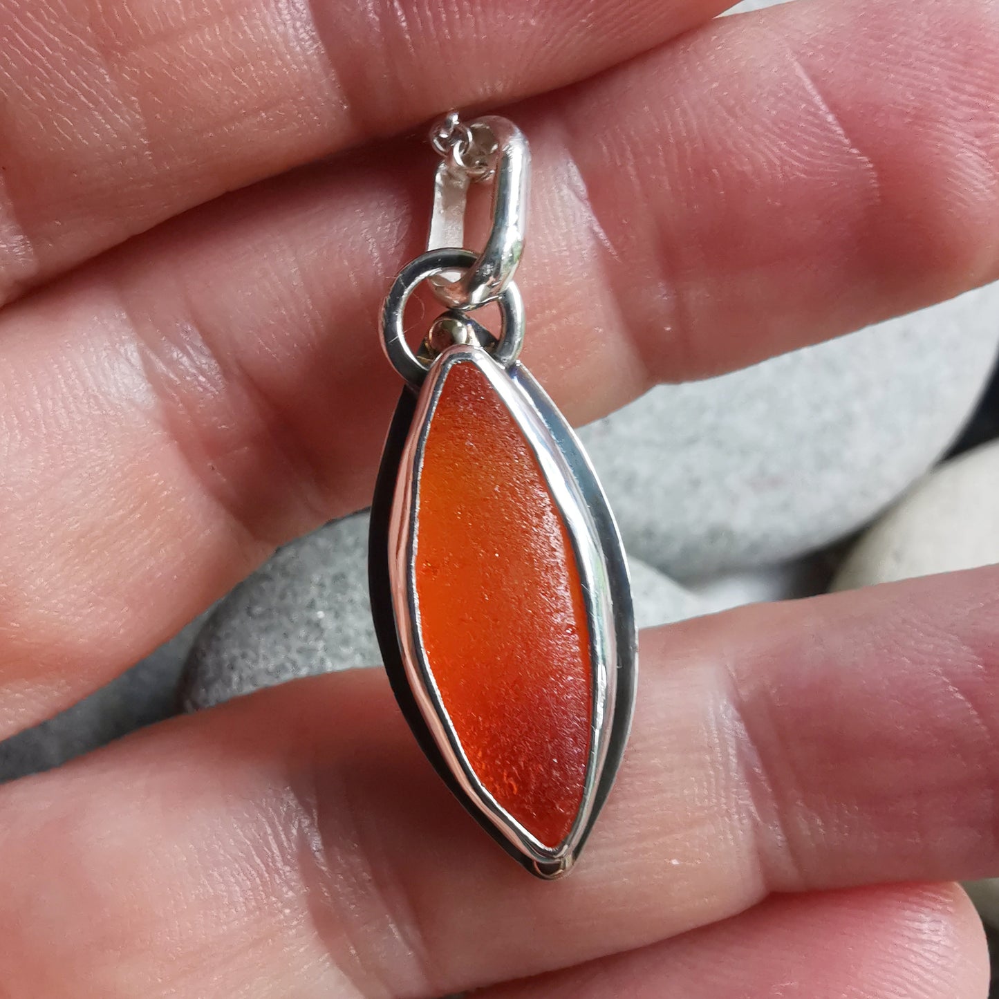 Scottish UV deep orange sea glass, sterling silver and 9ct gold pendant.