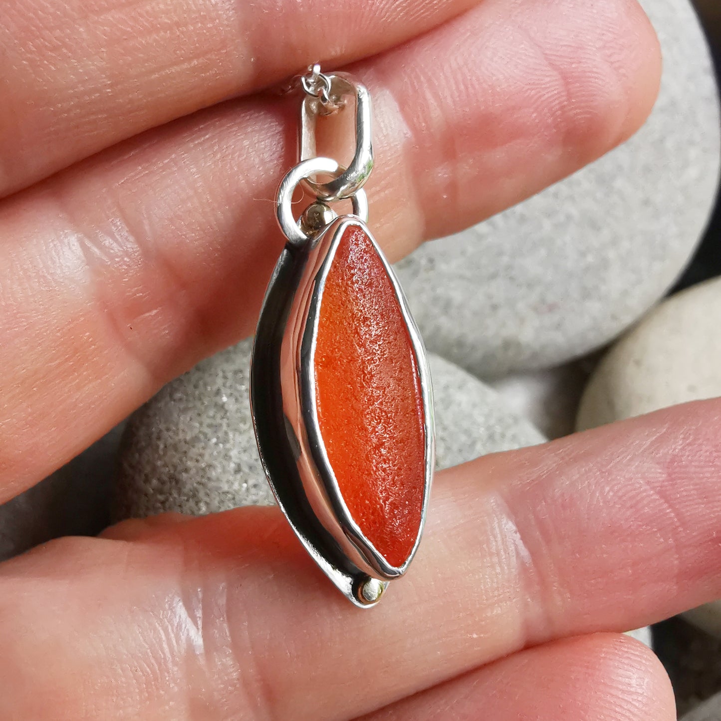 Scottish UV deep orange sea glass, sterling silver and 9ct gold pendant.
