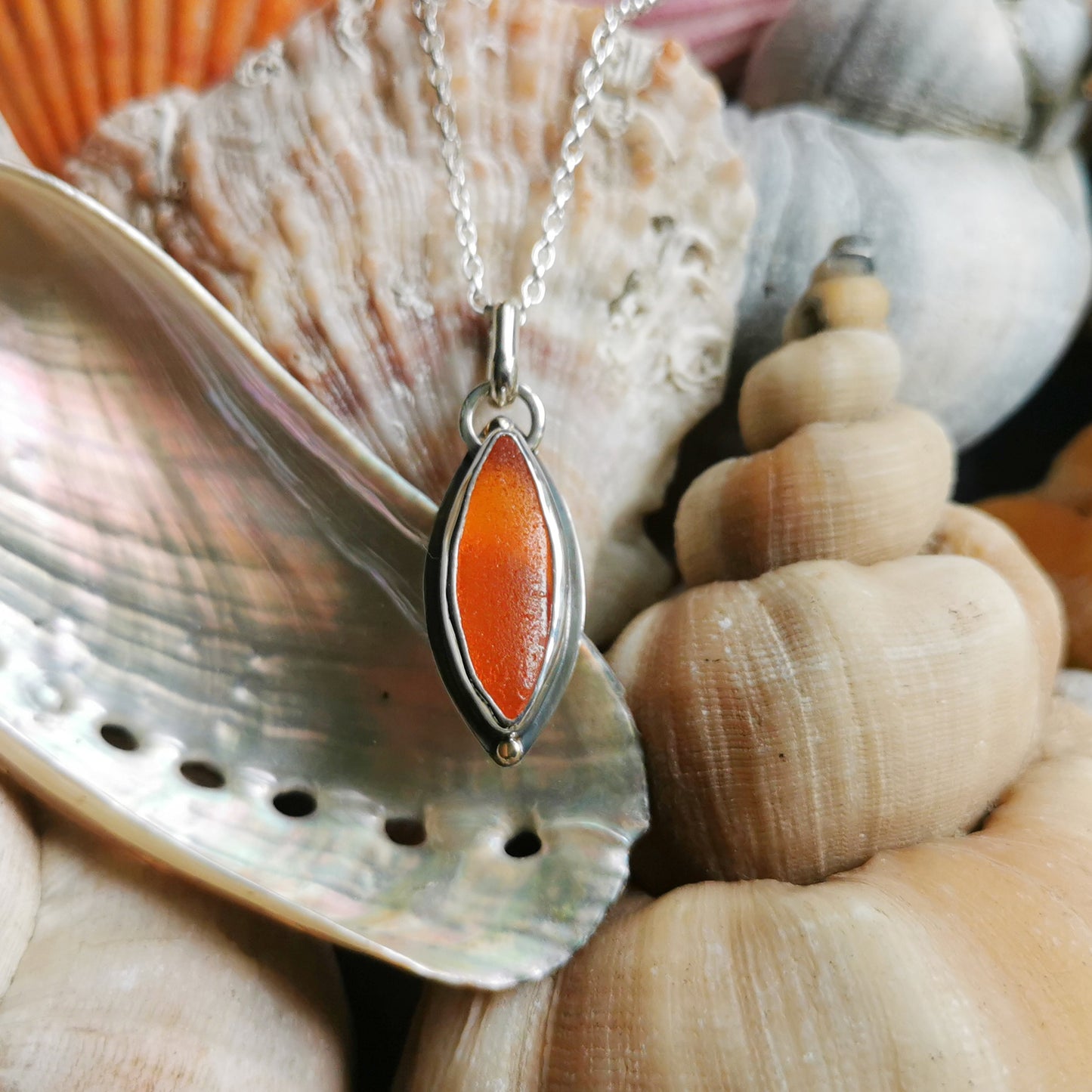 Scottish UV deep orange sea glass, sterling silver and 9ct gold pendant.