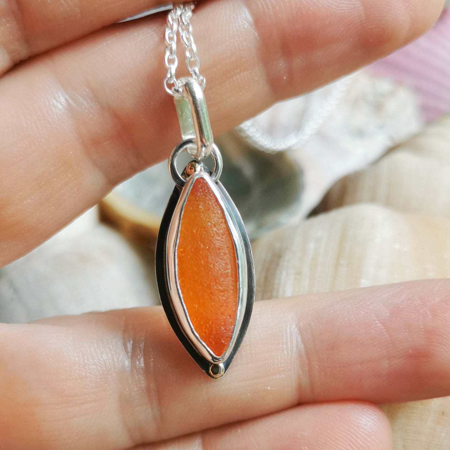 Scottish UV deep orange sea glass, sterling silver and 9ct gold pendant.