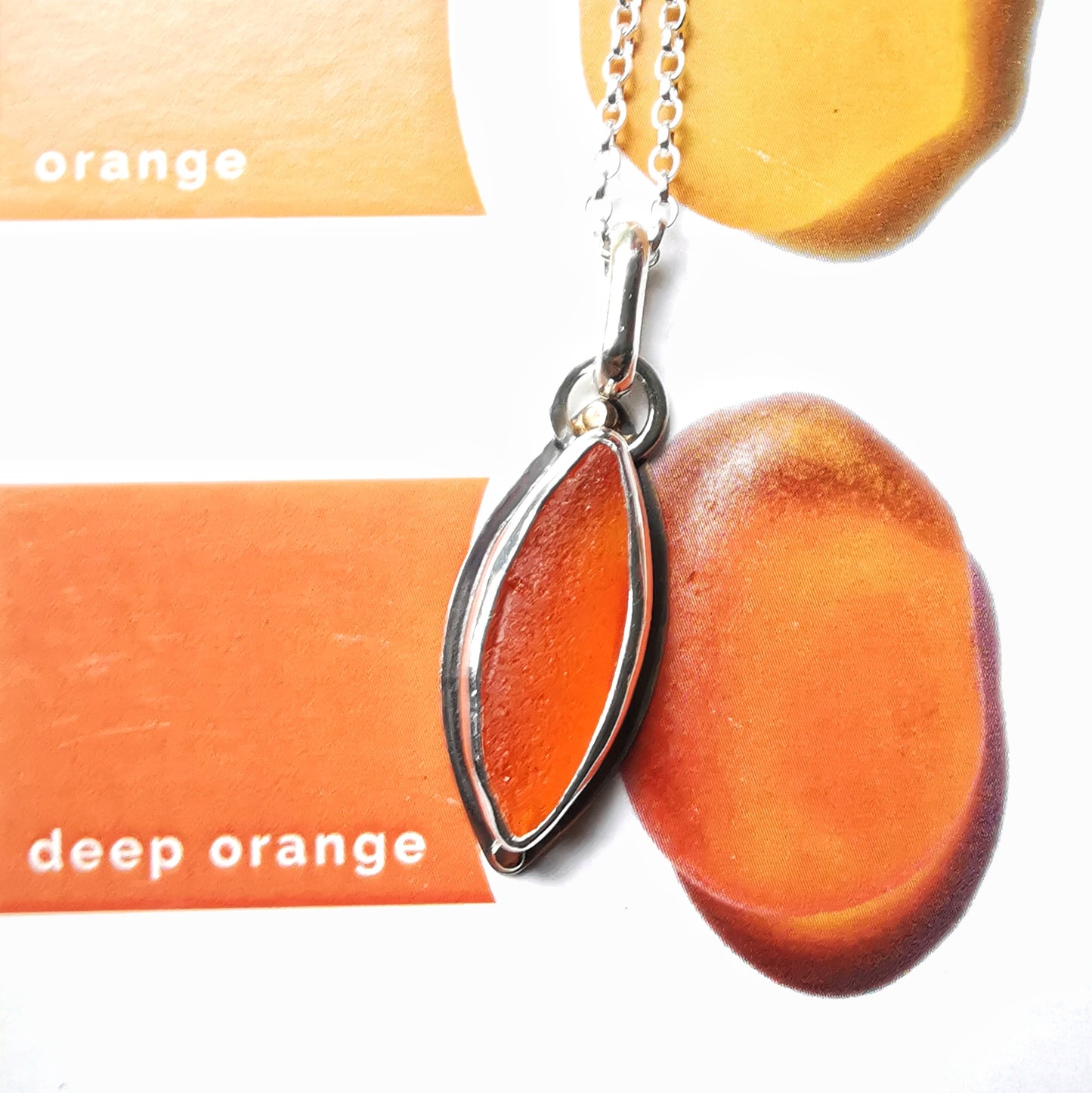 Scottish UV deep orange sea glass, sterling silver and 9ct gold pendant.