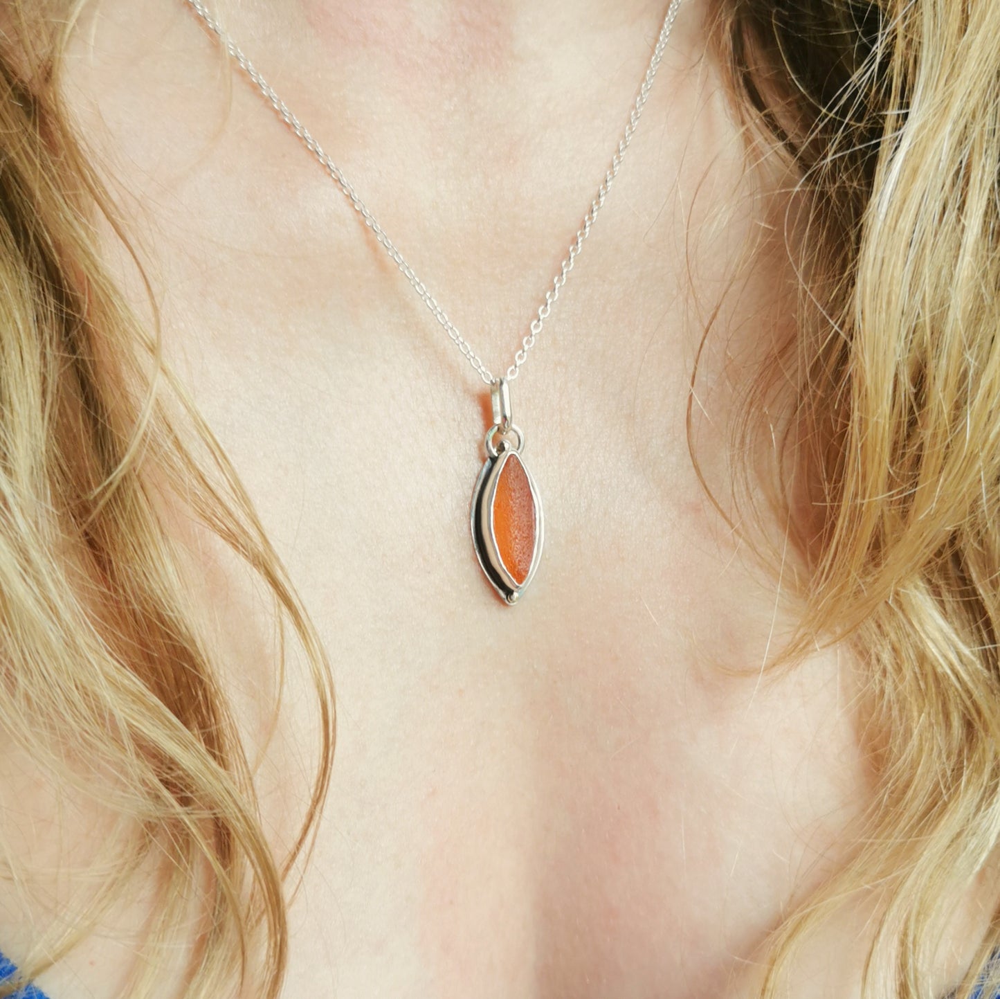 Scottish UV deep orange sea glass, sterling silver and 9ct gold pendant.
