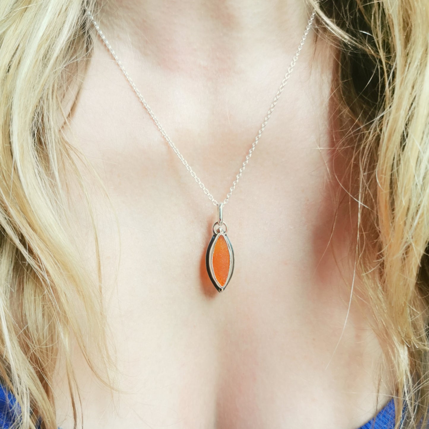 Scottish UV deep orange sea glass, sterling silver and 9ct gold pendant.