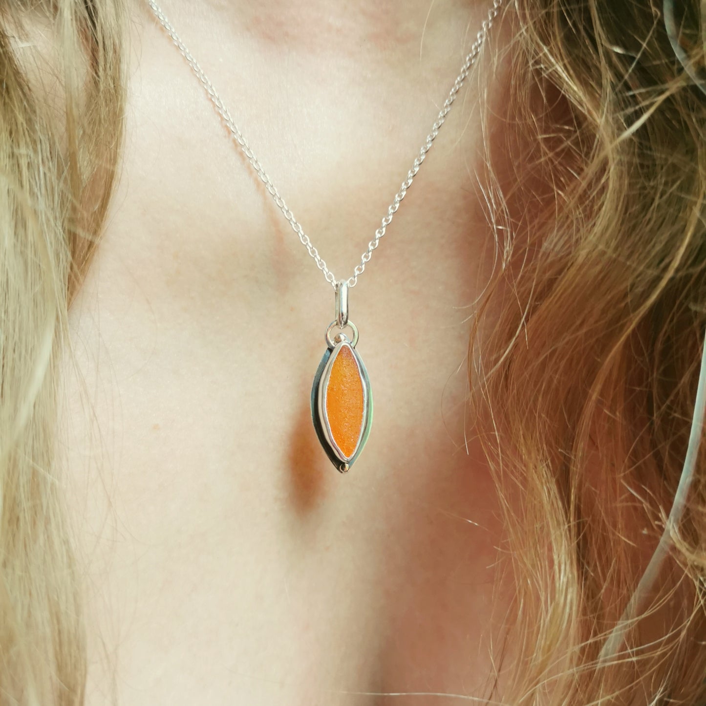 Scottish UV deep orange sea glass, sterling silver and 9ct gold pendant.