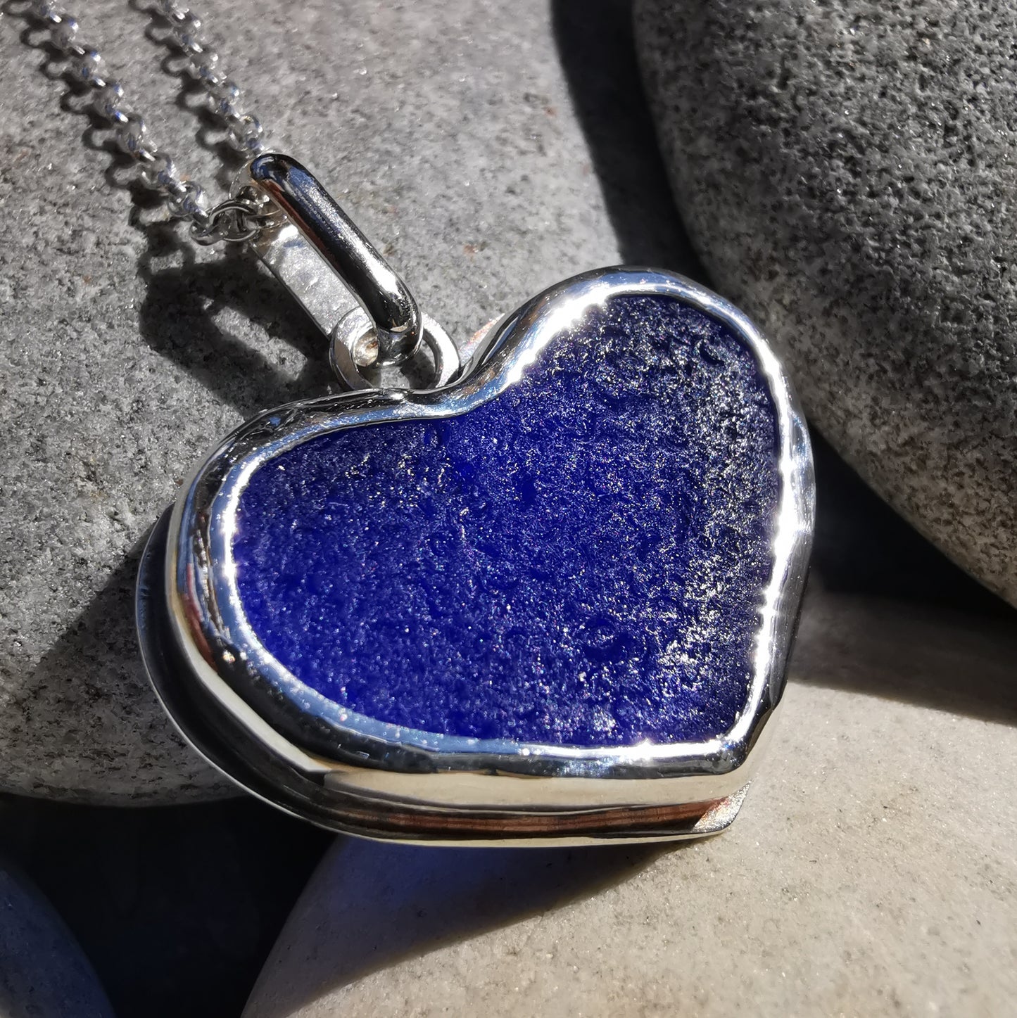 Cobalt blue sea glass heart & sterling silver pendant.