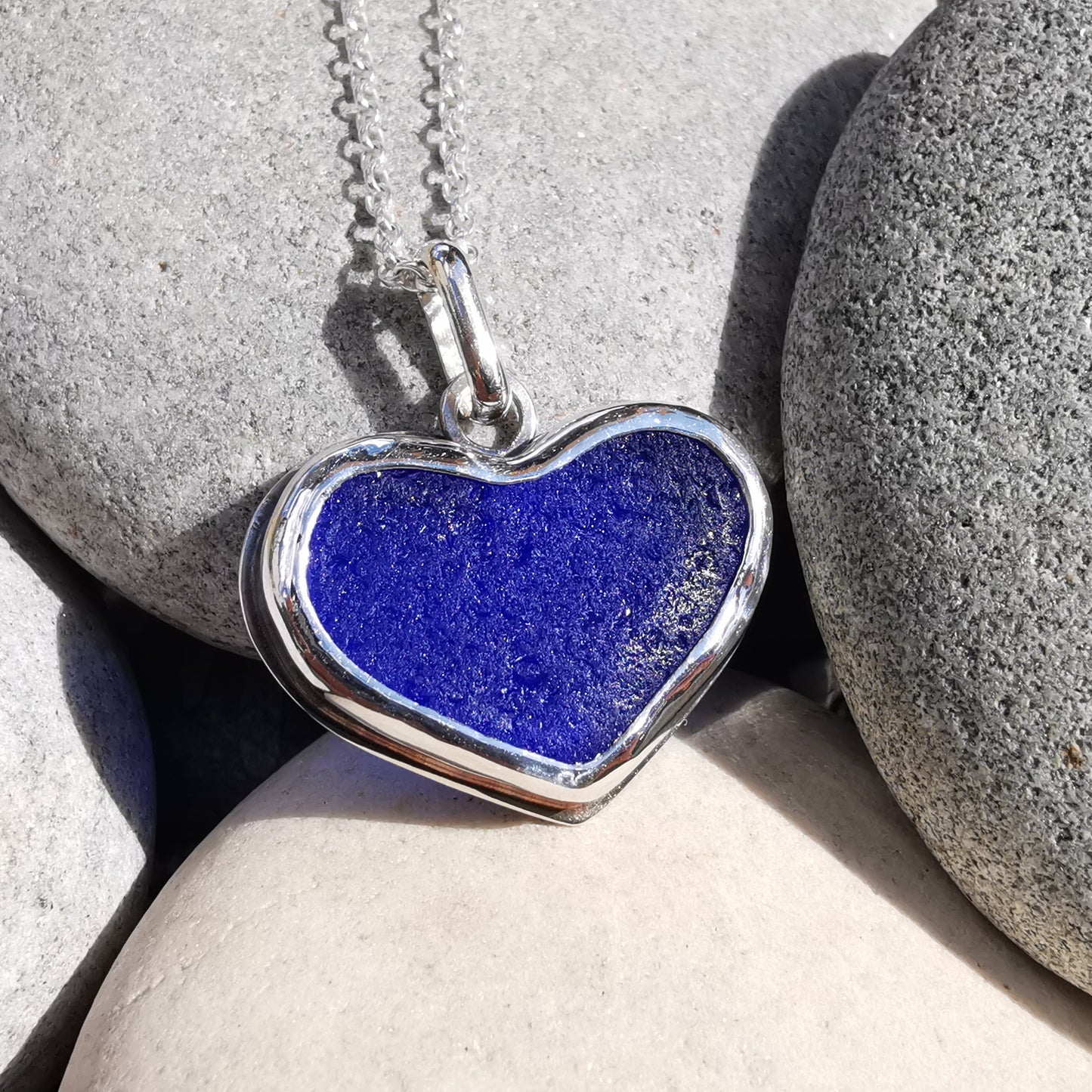 Cobalt blue sea glass heart & sterling silver pendant.