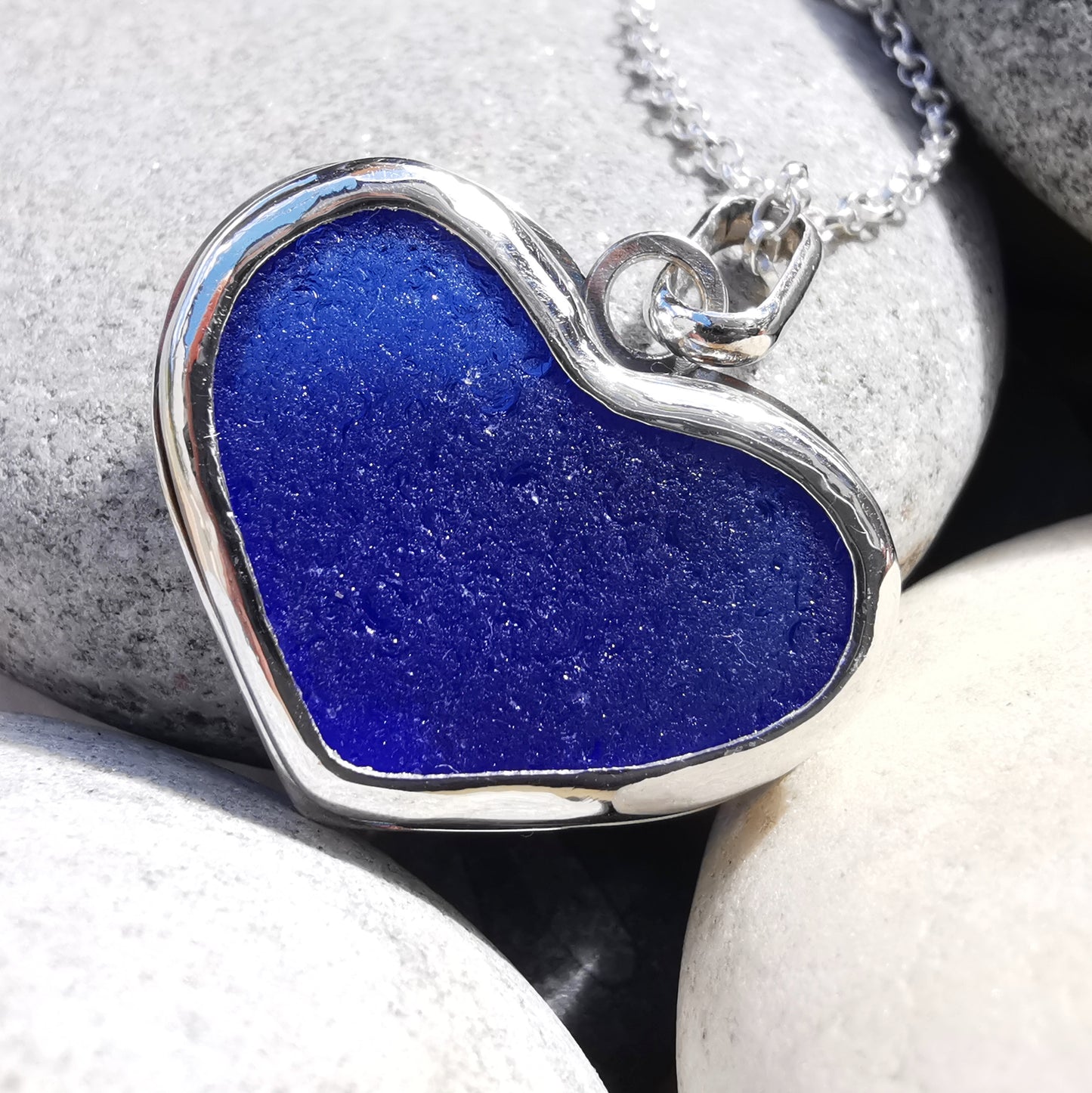 Cobalt blue sea glass heart & sterling silver pendant.