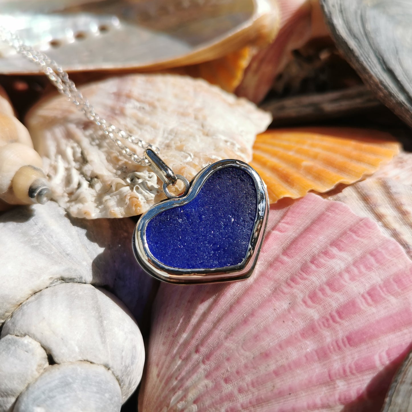 Cobalt blue sea glass heart & sterling silver pendant.
