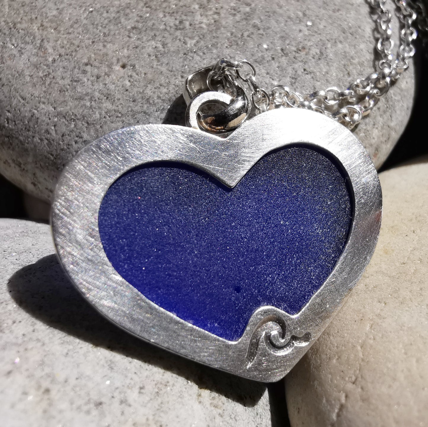 Cobalt blue sea glass heart & sterling silver pendant.