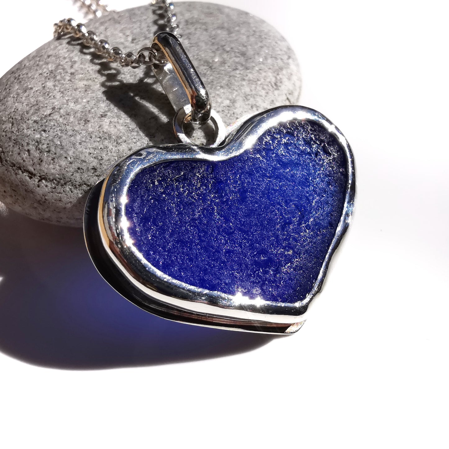 Cobalt blue sea glass heart & sterling silver pendant.