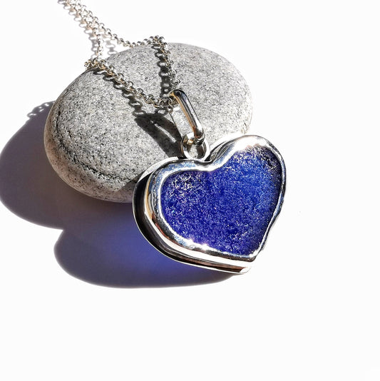 Cobalt blue sea glass heart & sterling silver pendant.