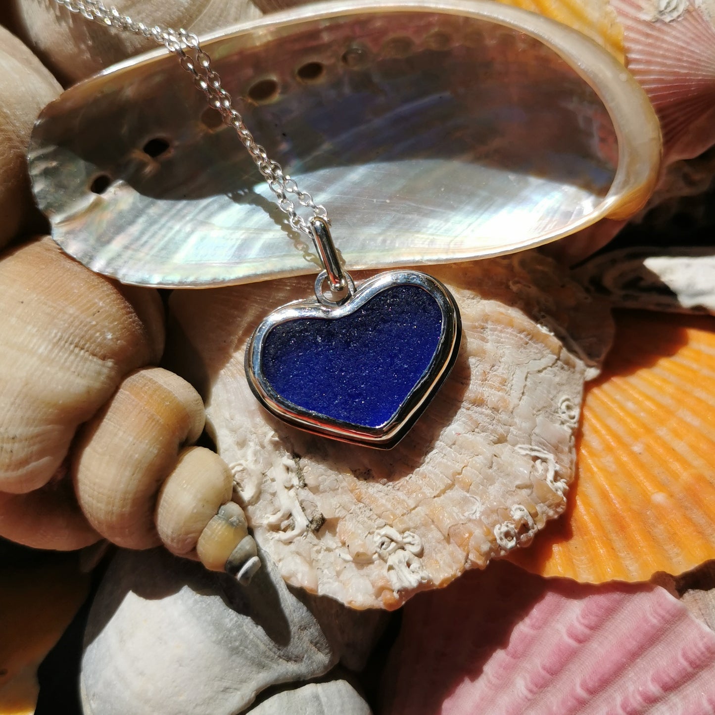 Cobalt blue sea glass heart & sterling silver pendant.