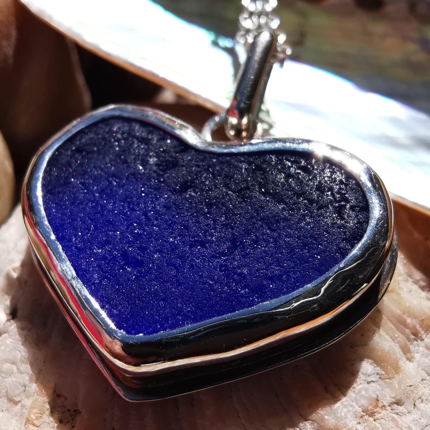 Cobalt blue sea glass heart & sterling silver pendant.