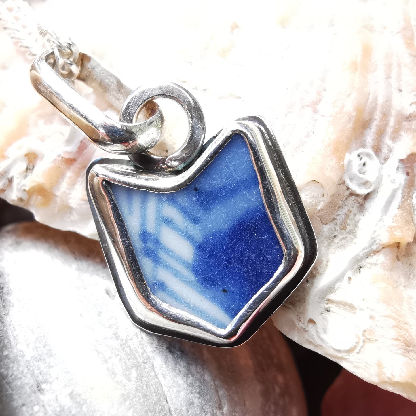 Blue and white sea porcelain & sterling silver pendant.