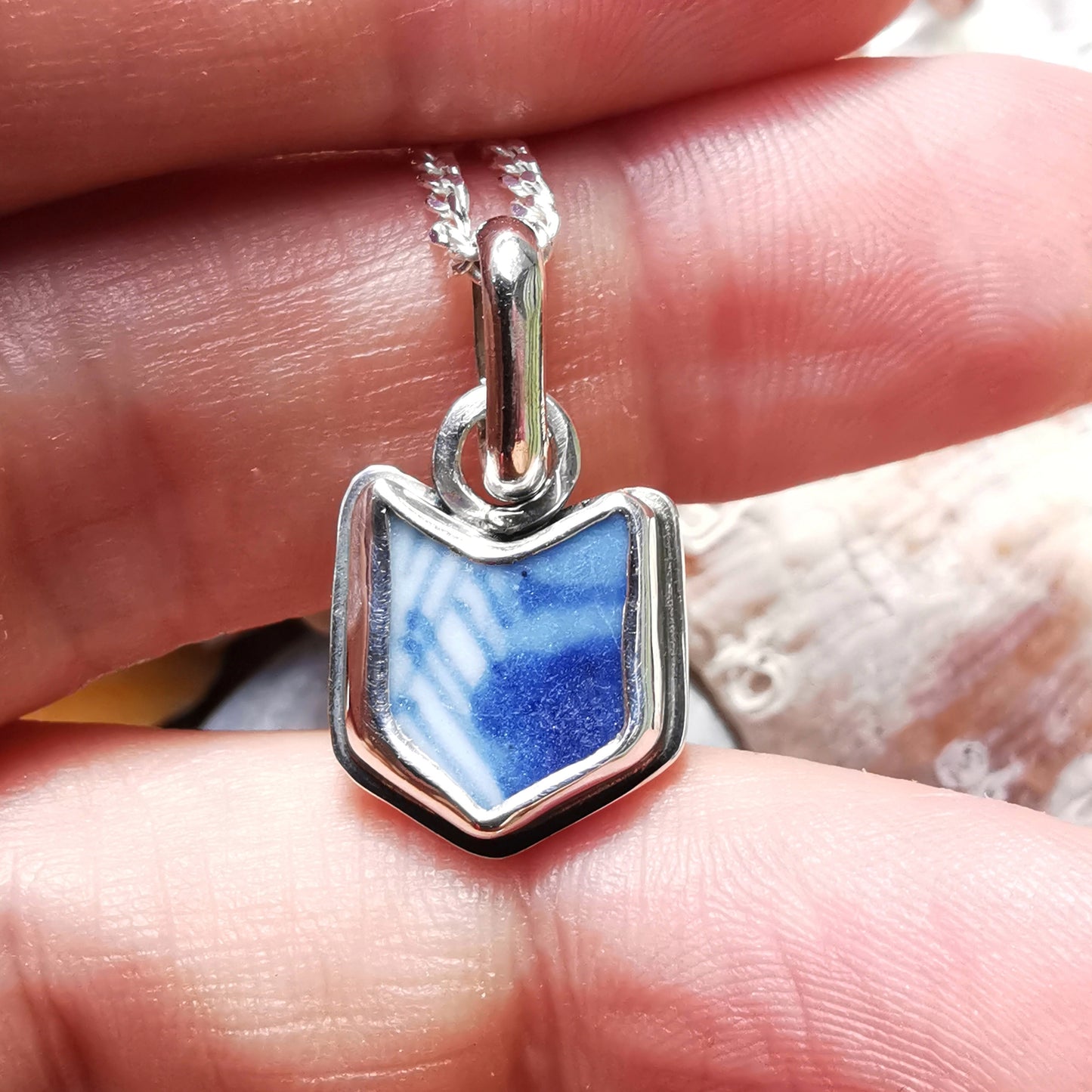 Blue and white sea porcelain & sterling silver pendant.