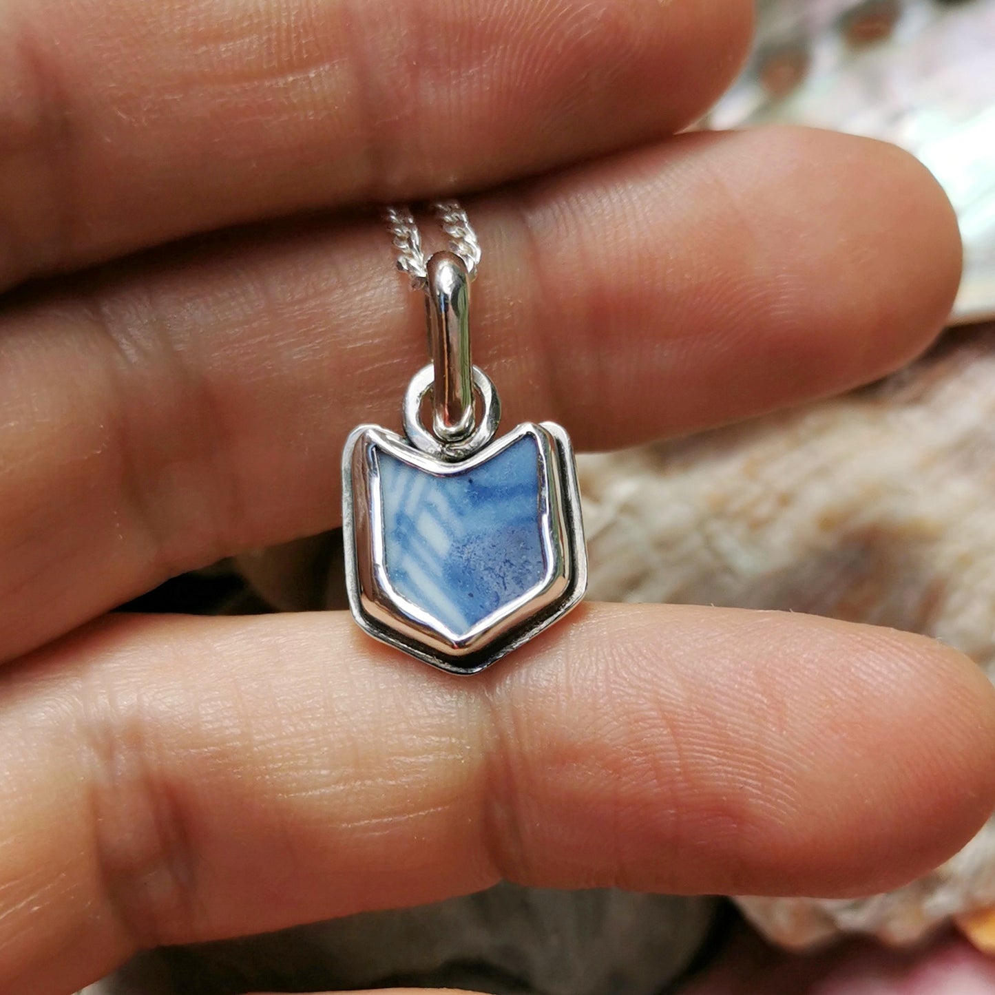 Blue and white sea porcelain & sterling silver pendant.