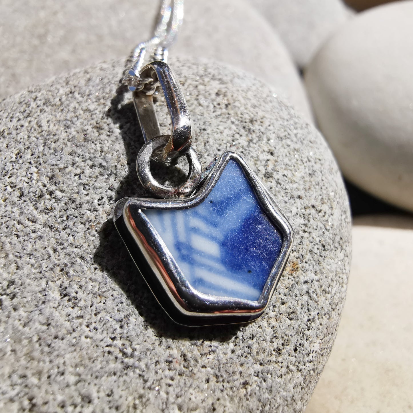 Blue and white sea porcelain & sterling silver pendant.